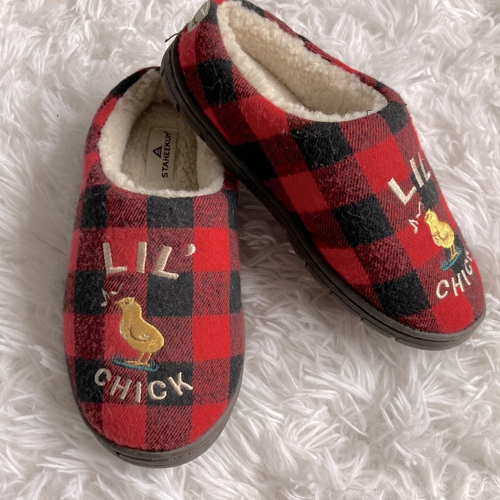 Girls size 13 Chick chicken slippers buffalo plaid